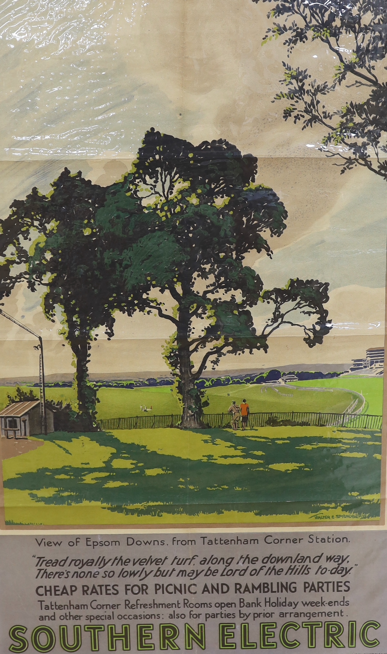 Walter Ernest Spradbery (1889-1969), lithographic poster for Southern Electric Railway 'View of Epsom Downs, from Tuttenham Corner Station .. Cheap rates for picnic and rambling parties', 1932, 101.5 x 63cm, unframed